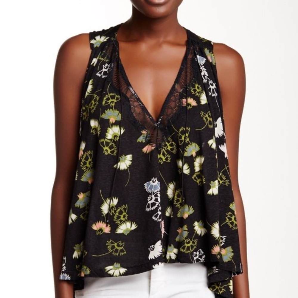 Free People Black Floral Lace Open Back Top - Size S